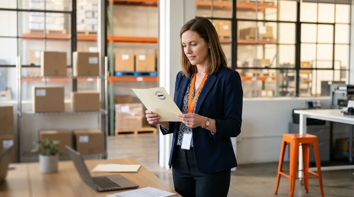 A NetSuite consultant reviewing a stamped change ticket beside racked pharmaceutical inventory in a San Diego manufacturing office