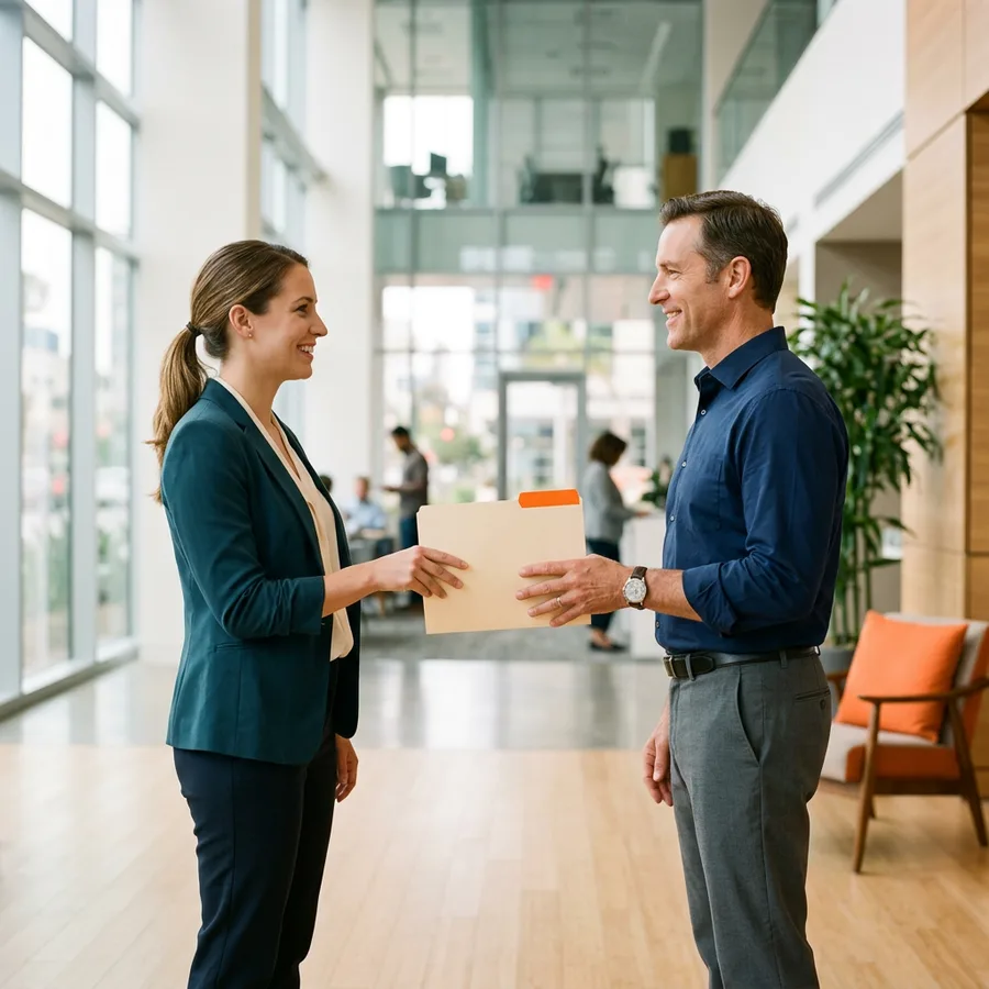 A KORE1 recruiter reviewing a printed NetSuite candidate summary with a hiring manager in a San Diego biotech office