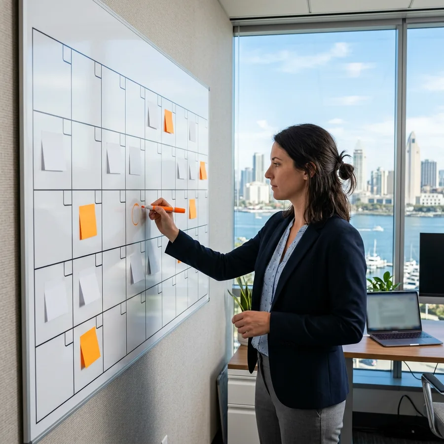 A NetSuite administrator planning a release regression testing window on a wall calendar in a San Diego office