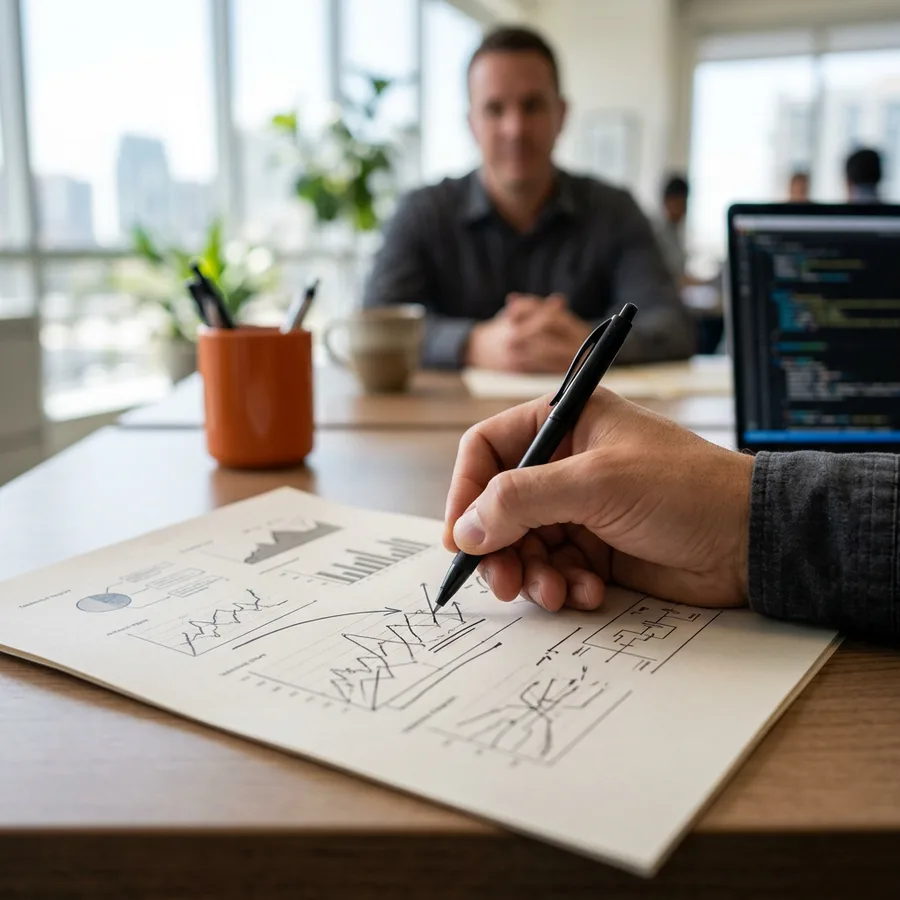 A hand marking a printed NetSuite governance limit report during a technical candidate screen in San Diego