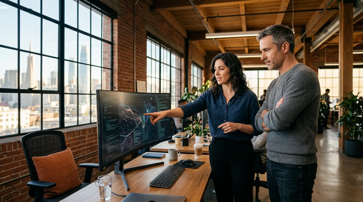 A NetSuite developer and a reviewer looking at a SuiteScript change together on a monitor in a San Francisco SOMA office