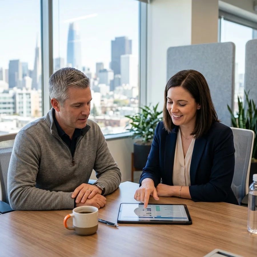 A KORE1 recruiter and a hiring manager reviewing a NetSuite candidate shortlist on a tablet in a San Francisco office