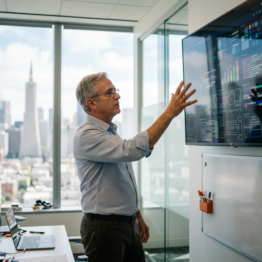 A NetSuite administrator reviewing release notes for an AI-powered platform update on a large monitor in a San Francisco office