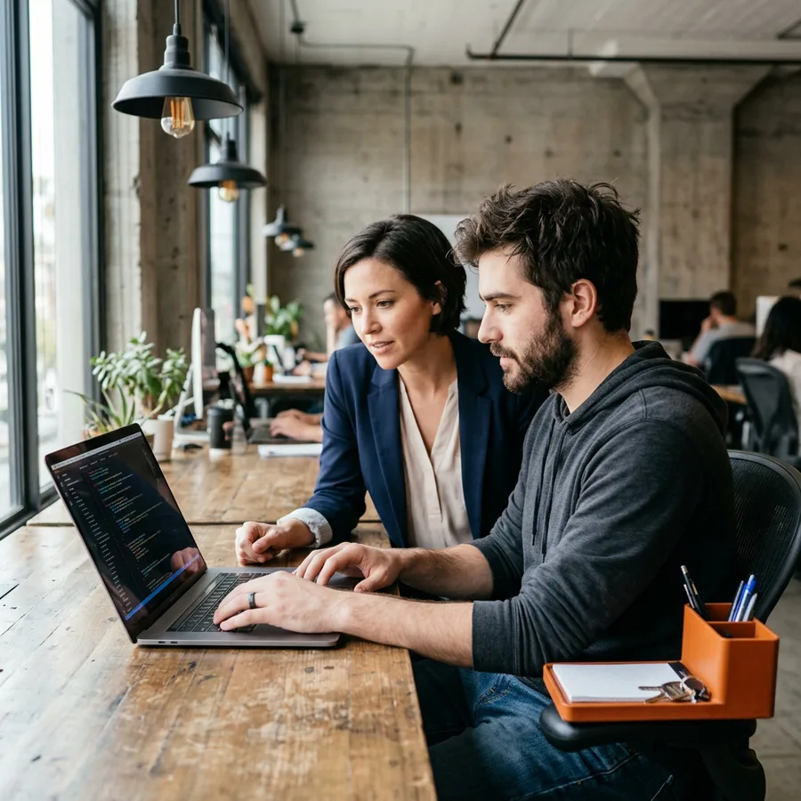 A NetSuite candidate walking a hiring manager through a SuiteScript pull request on a laptop in a San Francisco tech office