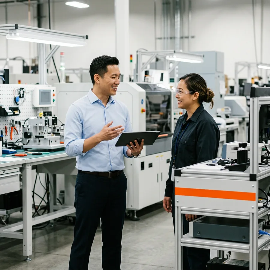 A NetSuite consultant checking inventory costing on a tablet on a hardware testing equipment production floor in San Jose