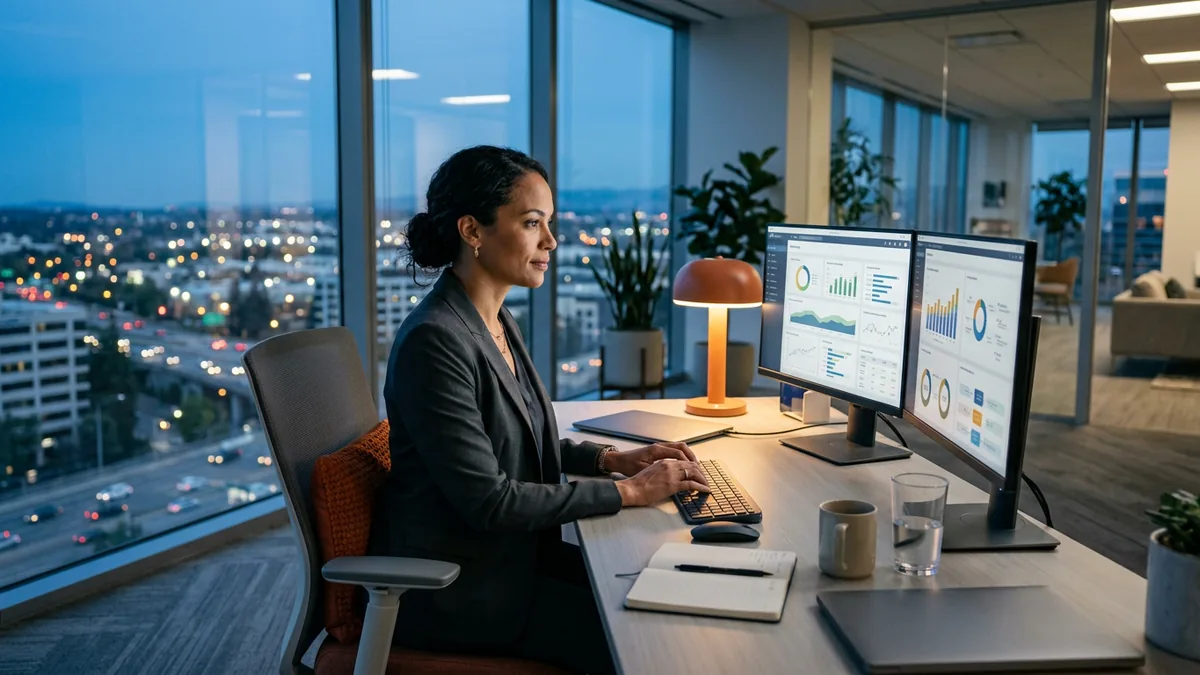 A NetSuite consultant reviewing inventory and revenue dashboards on dual monitors in a San Jose office at dusk