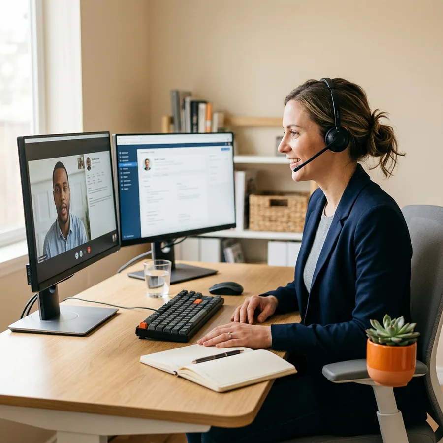 A KORE1 recruiter interviewing a NetSuite candidate over a video call in a home office with dual monitors
