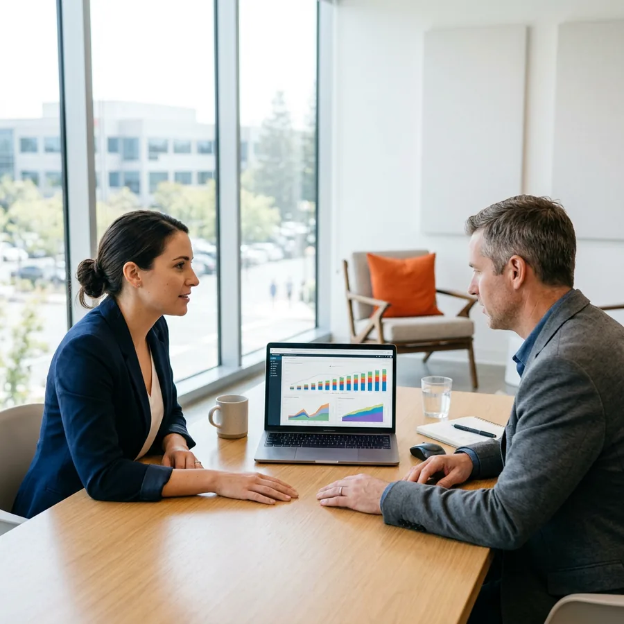 A finance team reviewing subscription revenue recognition reports on a laptop in a Palo Alto SaaS company office