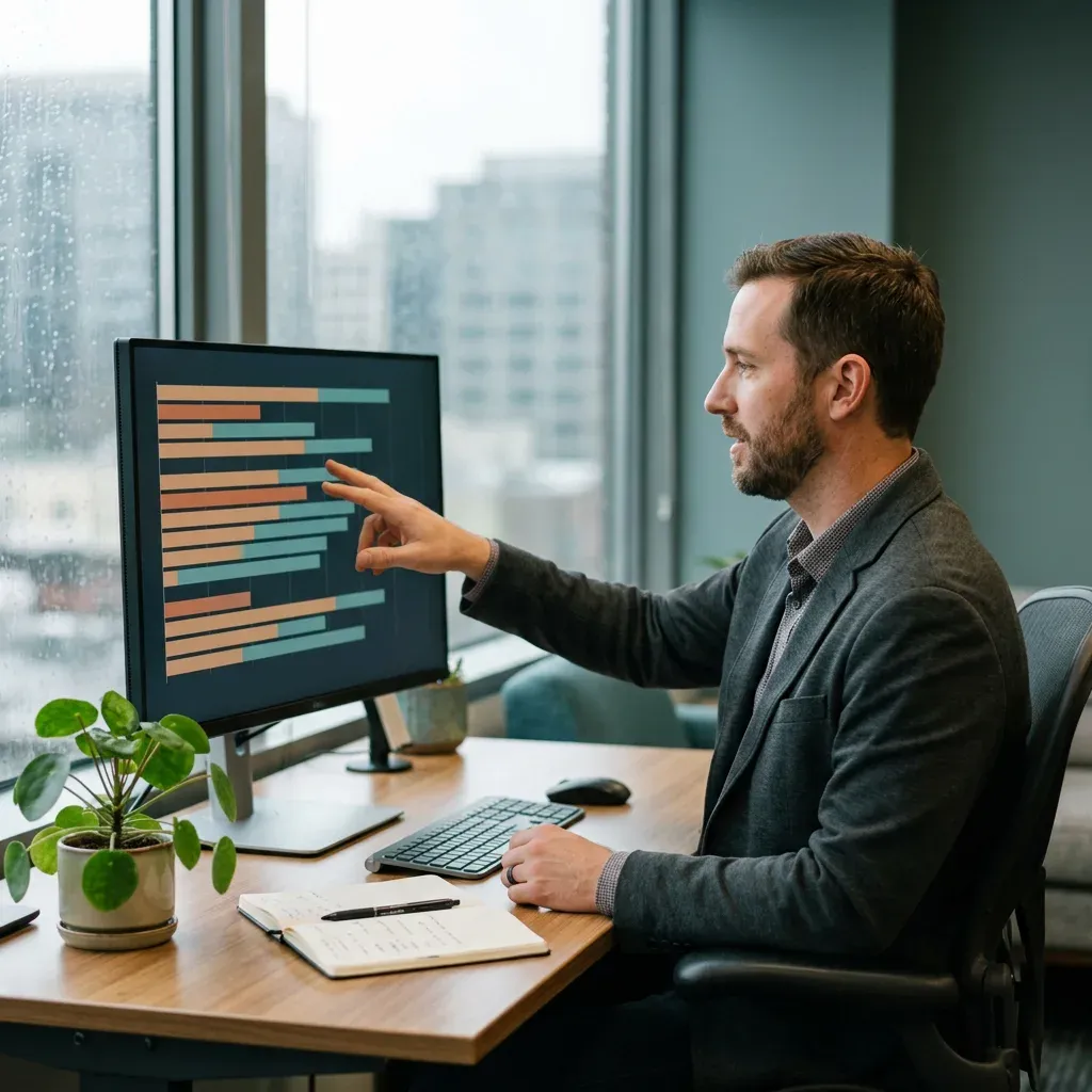 A NetSuite integration architect reviewing an API call volume chart on a monitor in a Seattle office