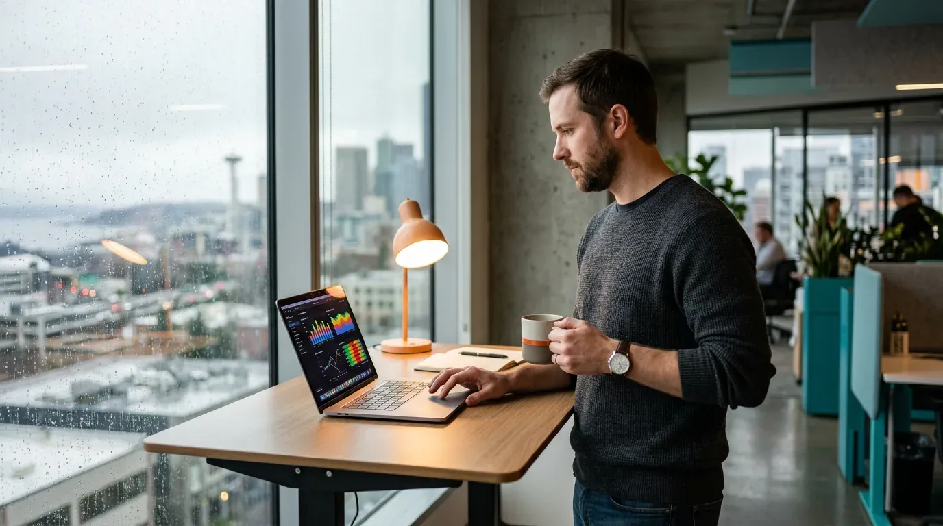 A NetSuite developer reviewing an integration dashboard at a standing desk in a rain-streaked Seattle office