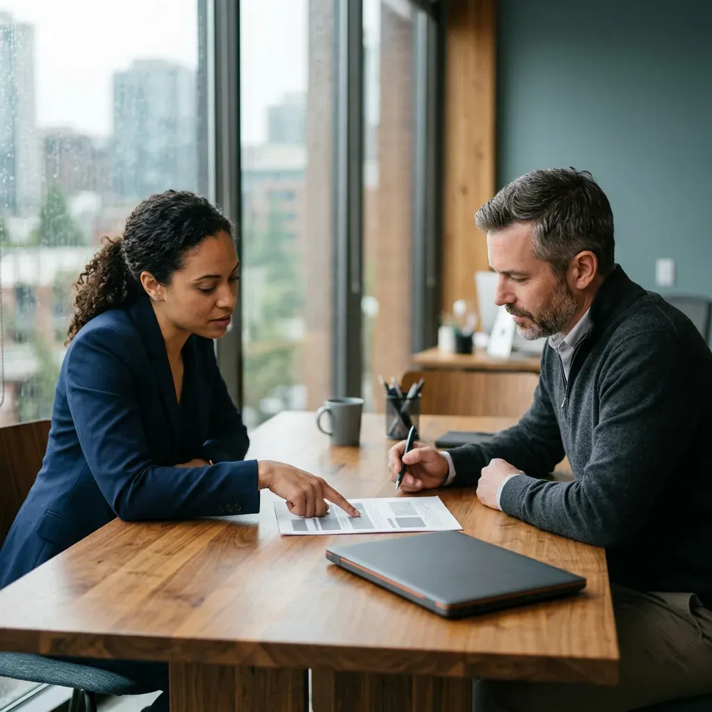 A KORE1 recruiter reviewing a printed NetSuite candidate summary with a hiring manager in a Seattle office