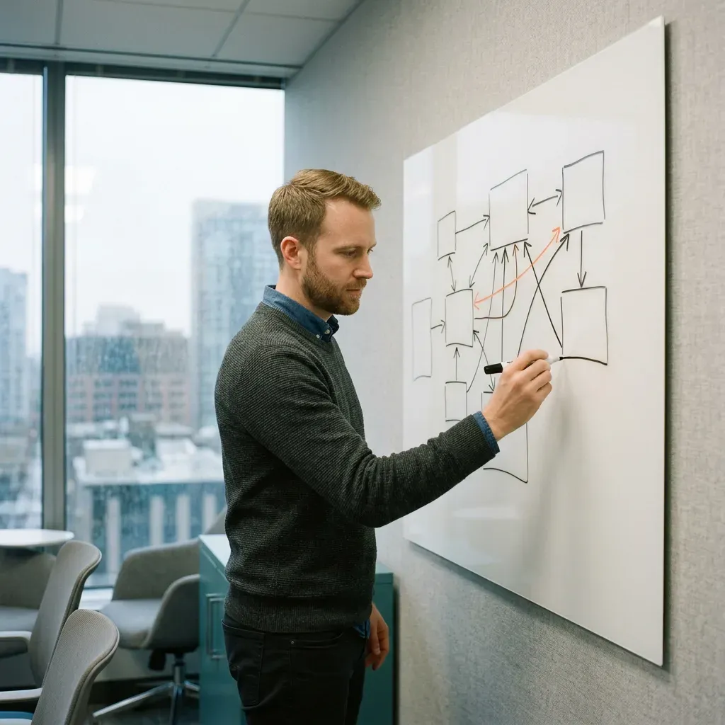 A NetSuite developer diagramming a RESTlet authentication flow on a whiteboard in a Seattle office