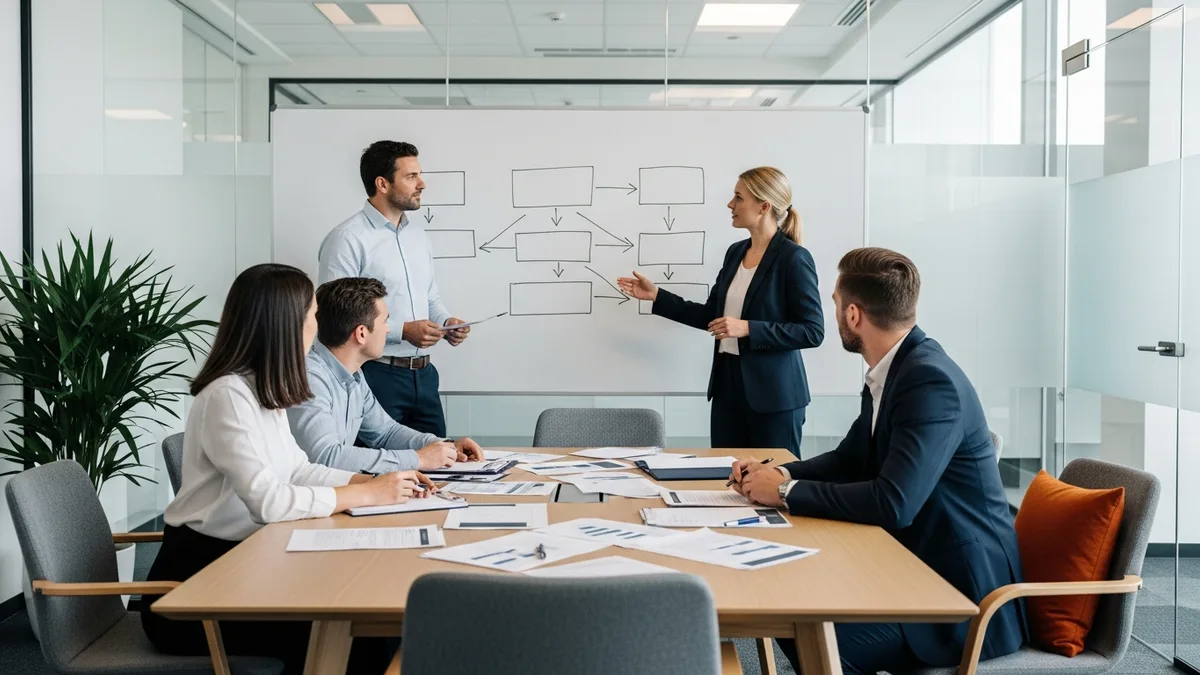 ERP implementation consultants mapping a cloud ERP rollout on a whiteboard