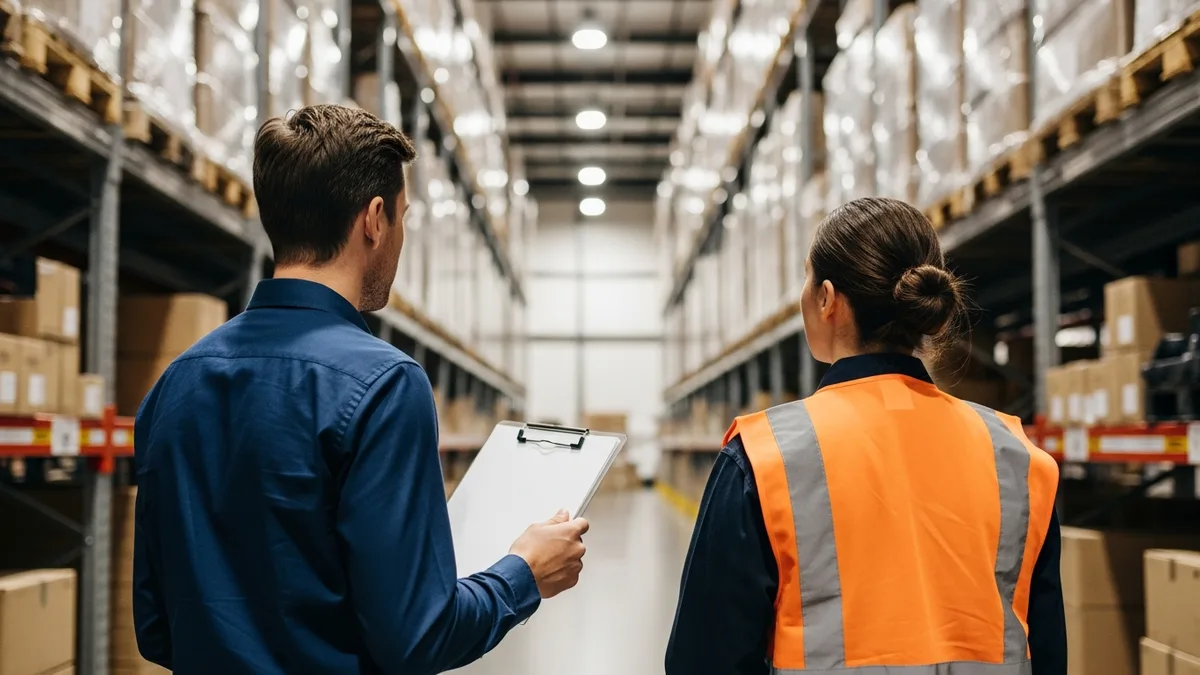 ERP systems lead reviewing warehouse operations with an associate in a distribution aisle