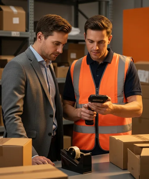 ERP consultant and warehouse supervisor reviewing handheld scanner steps at a packing station