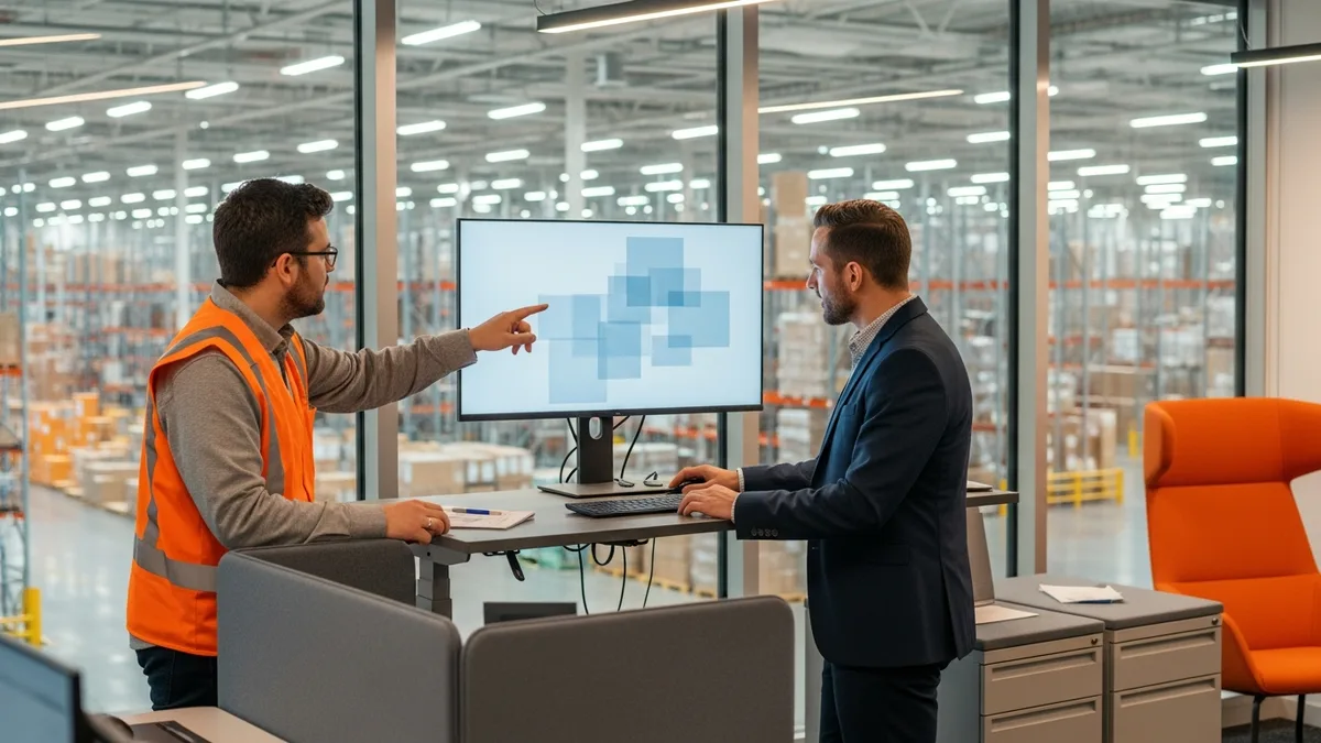 Operations lead and consultant reviewing NetSuite and warehouse management system data on a screen above a distribution center floor