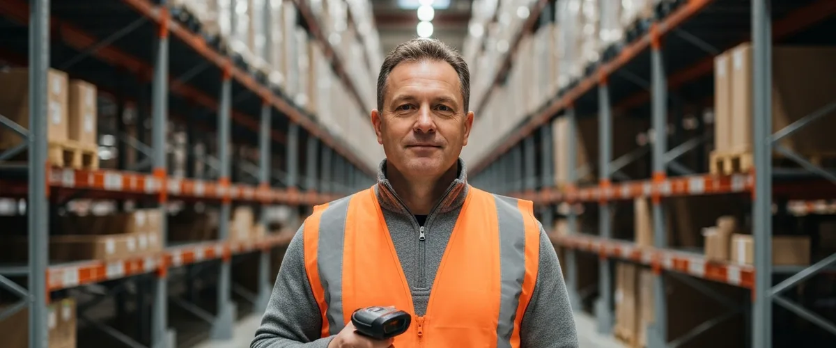 Warehouse operations manager in an orange safety vest holding a handheld barcode scanner in a NetSuite WMS integrated distribution center