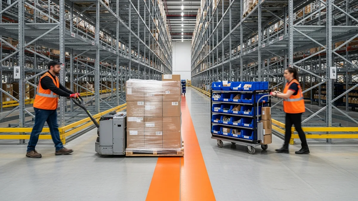 Wholesale pallet moving to a dock beside a direct-to-consumer picking cart in the same warehouse aisle