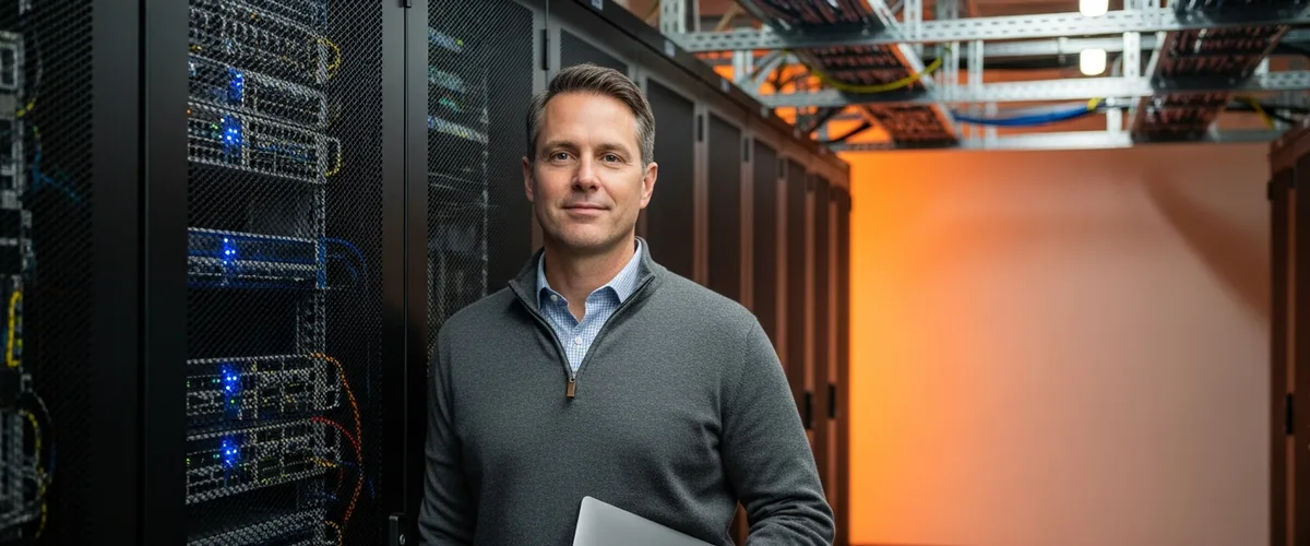 Senior network engineer standing beside a server rack in an enterprise data center