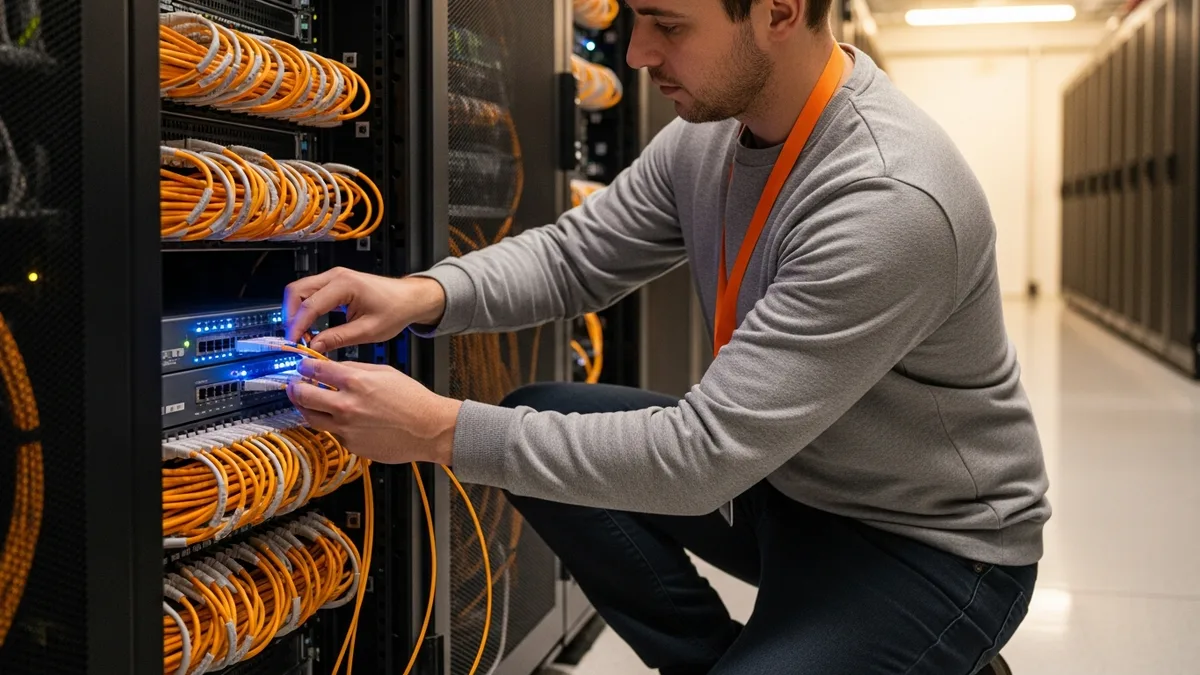 Network engineer connecting a fiber patch cable into a switch in a data center rack