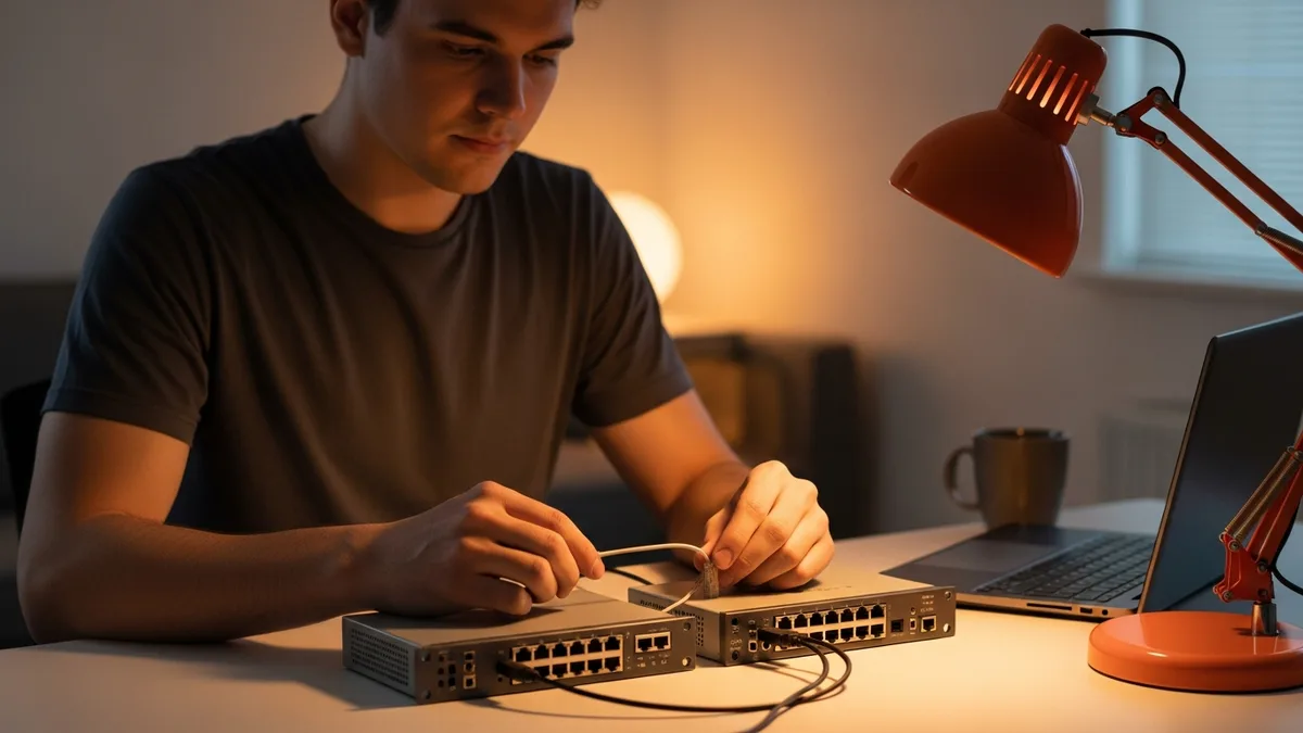 Early-career engineer cabling two switches in a home network lab while studying for the CCNA