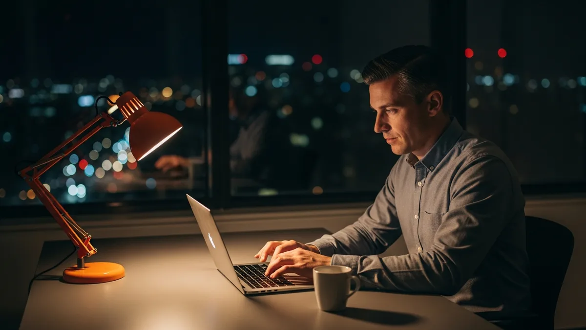 New engineering manager working alone late at night, an early signal that the transition is wobbling