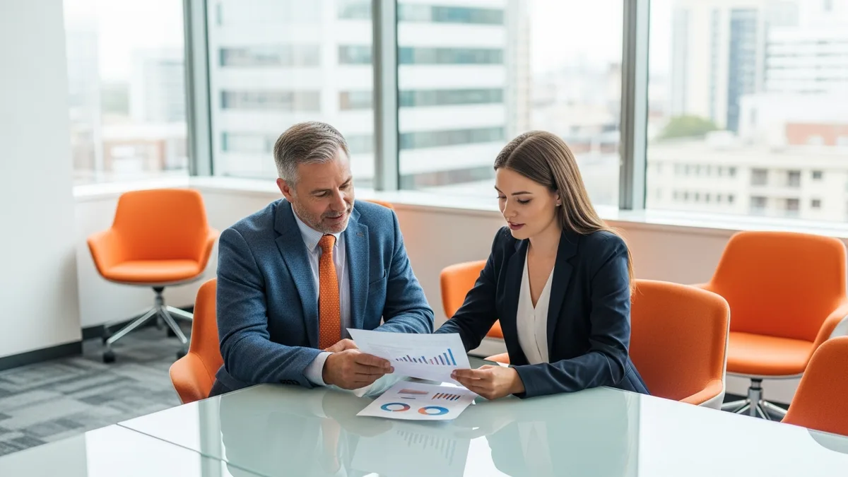 Hiring manager and Oracle DBA candidate reviewing a scenario-based interview question at a conference table