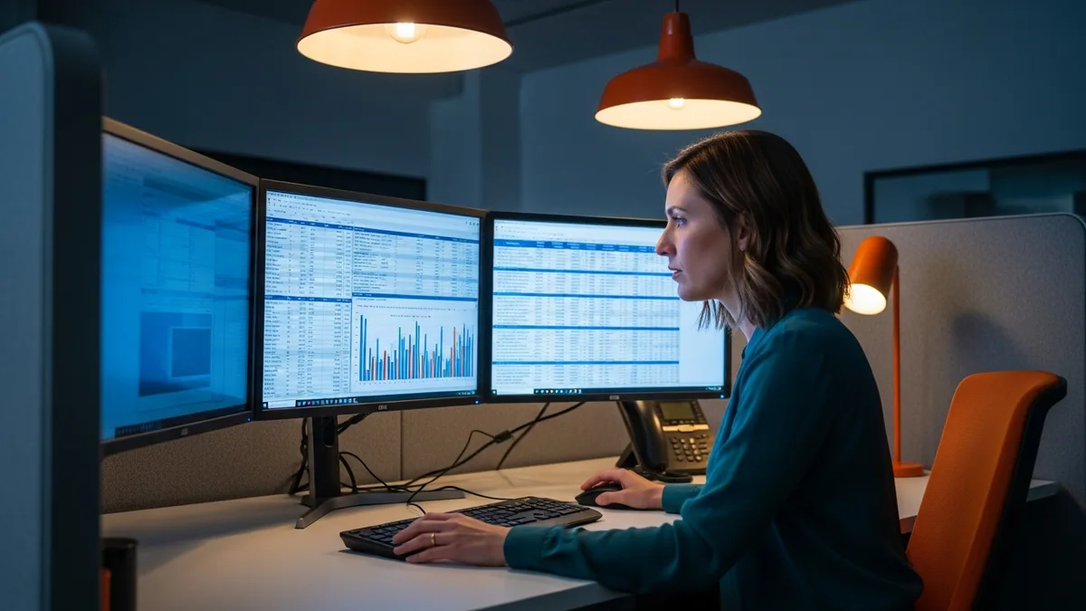 Oracle DBA candidate reviewing a real AWR performance report at a workstation during a technical screen