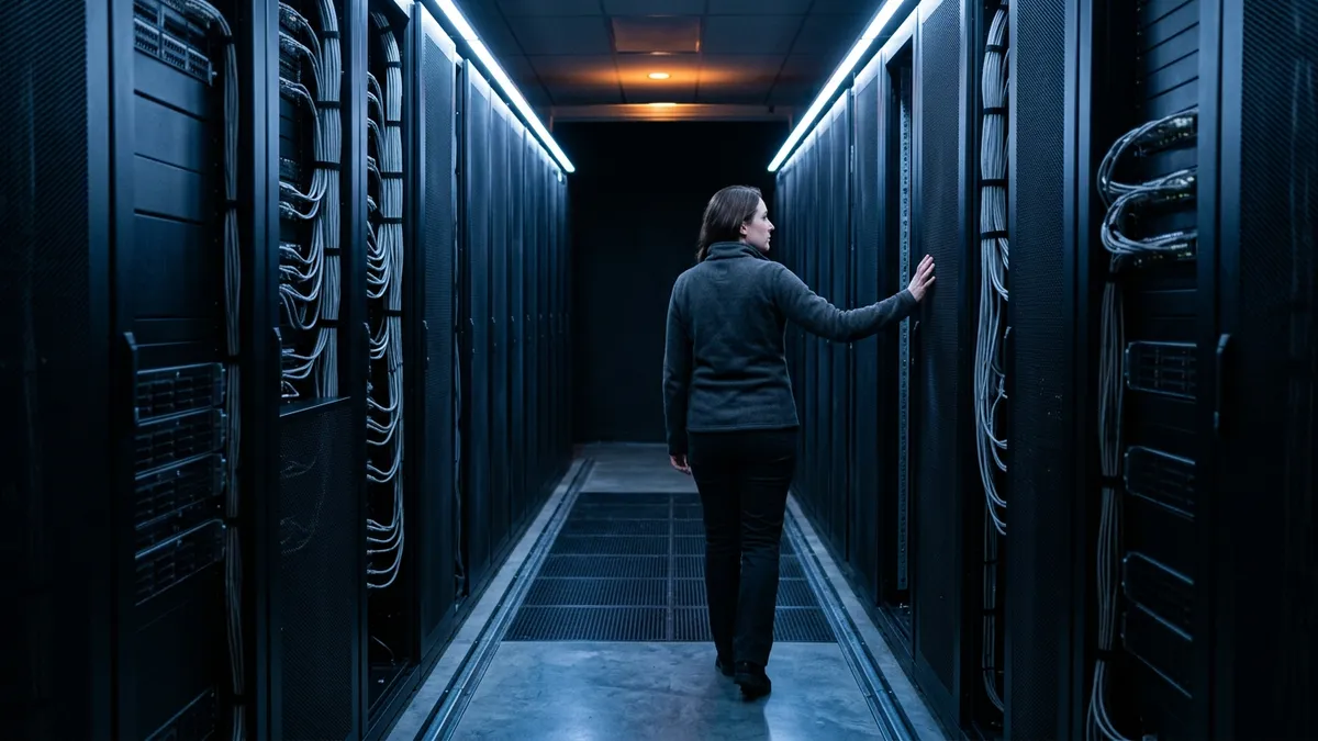 Oracle DBA checking a server cabinet in a data center aisle during a night maintenance window