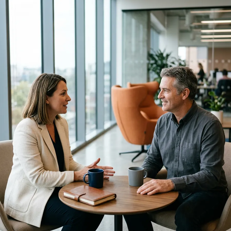 KORE1 recruiter interviewing an Oracle database administrator candidate across a conference table