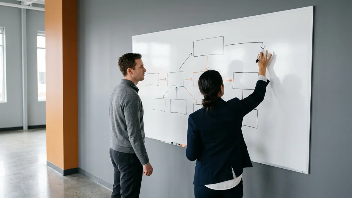 Two colleagues at a whiteboard mapping contract and direct hire engagement models for an Oracle EBS consultant seat