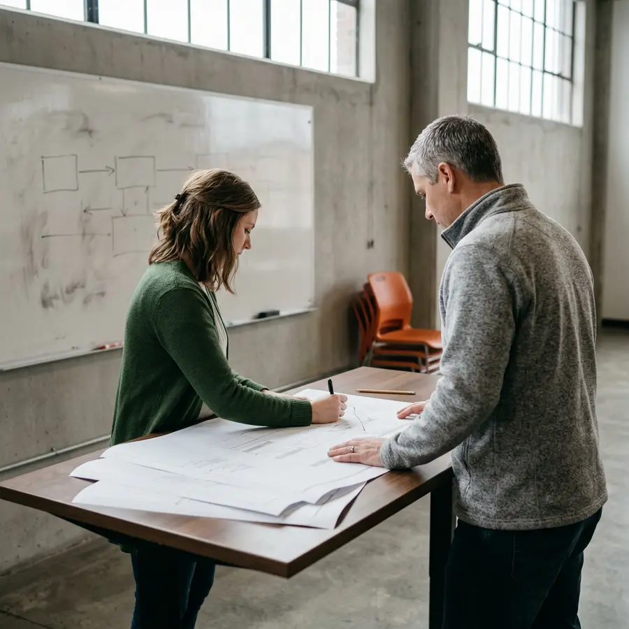 Oracle EBS technical consultant and an IT lead tracing a custom concurrent program on a printed schedule