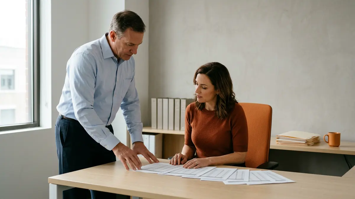 Oracle EBS consultant and a controller reviewing a printed period close checklist beside a workstation