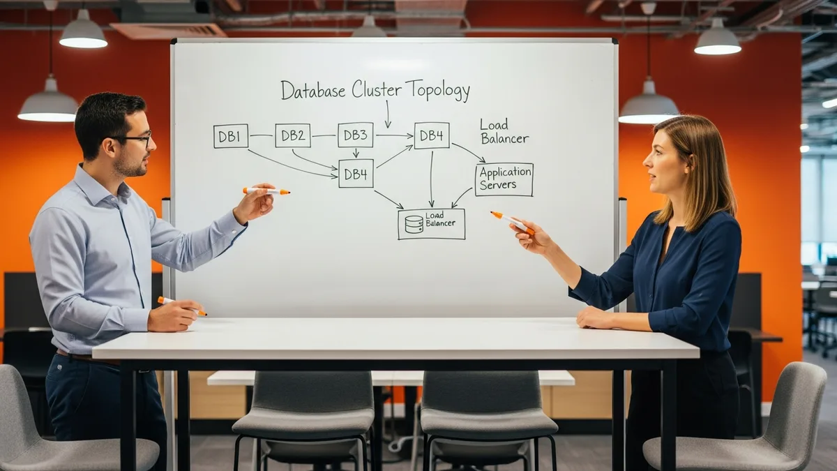 Two IT professionals sketching an Oracle RAC cluster and Data Guard standby topology on a whiteboard