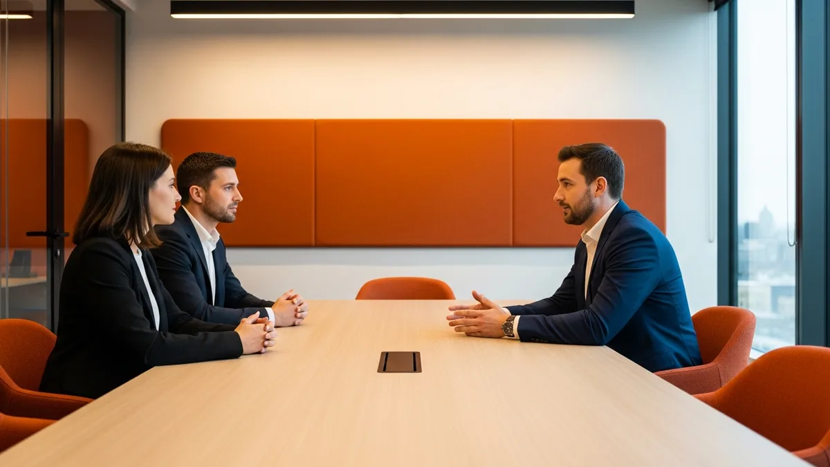 Hiring panel interviewing a penetration tester candidate in a glass-walled meeting room