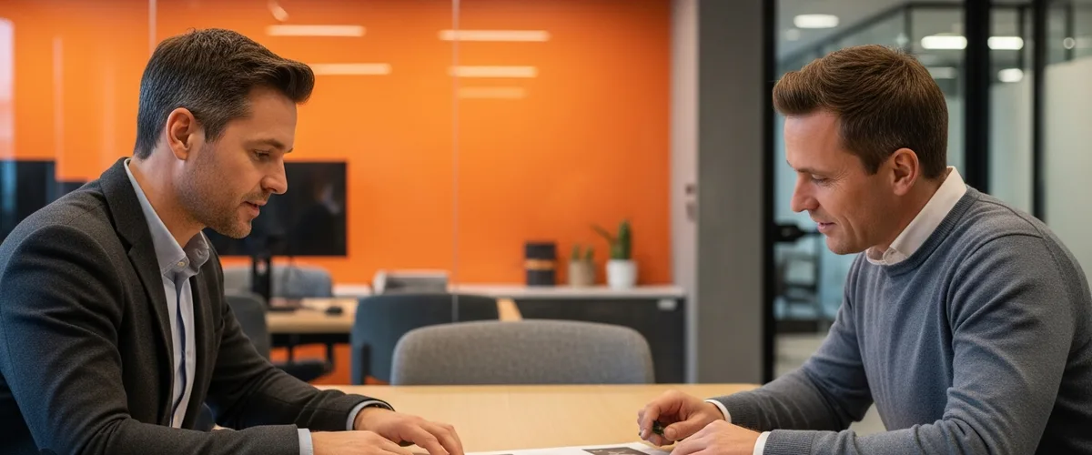 Two hiring managers reviewing a penetration tester job description template at a conference table