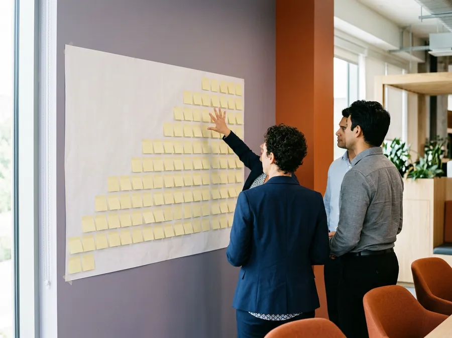 Platform engineering team lead and two engineers planning a build order on a paper wall chart, KORE1 platform engineering staffing
