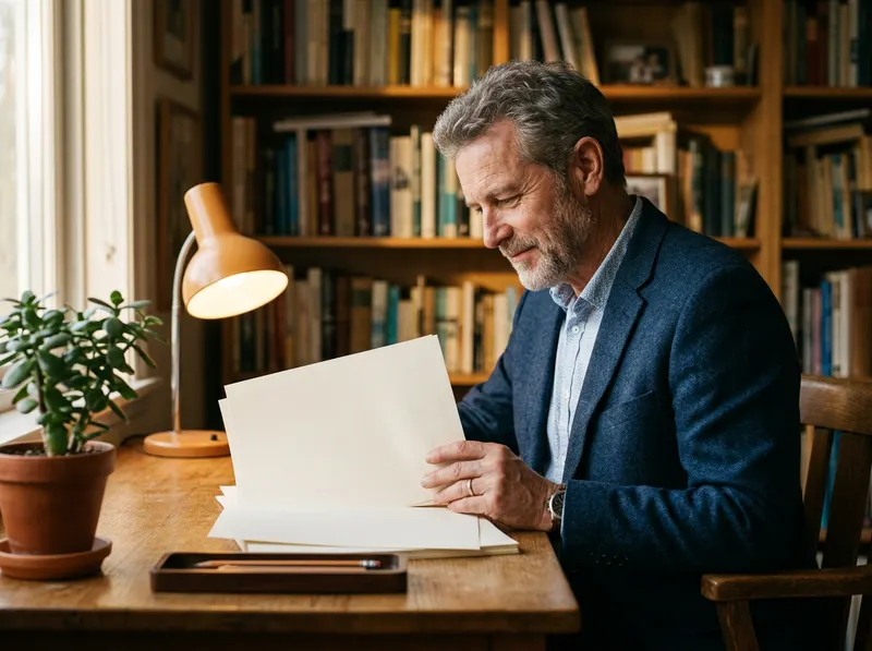 Experienced KORE1 technology recruiter reviewing printed platform engineering candidate profiles at a warm office desk
