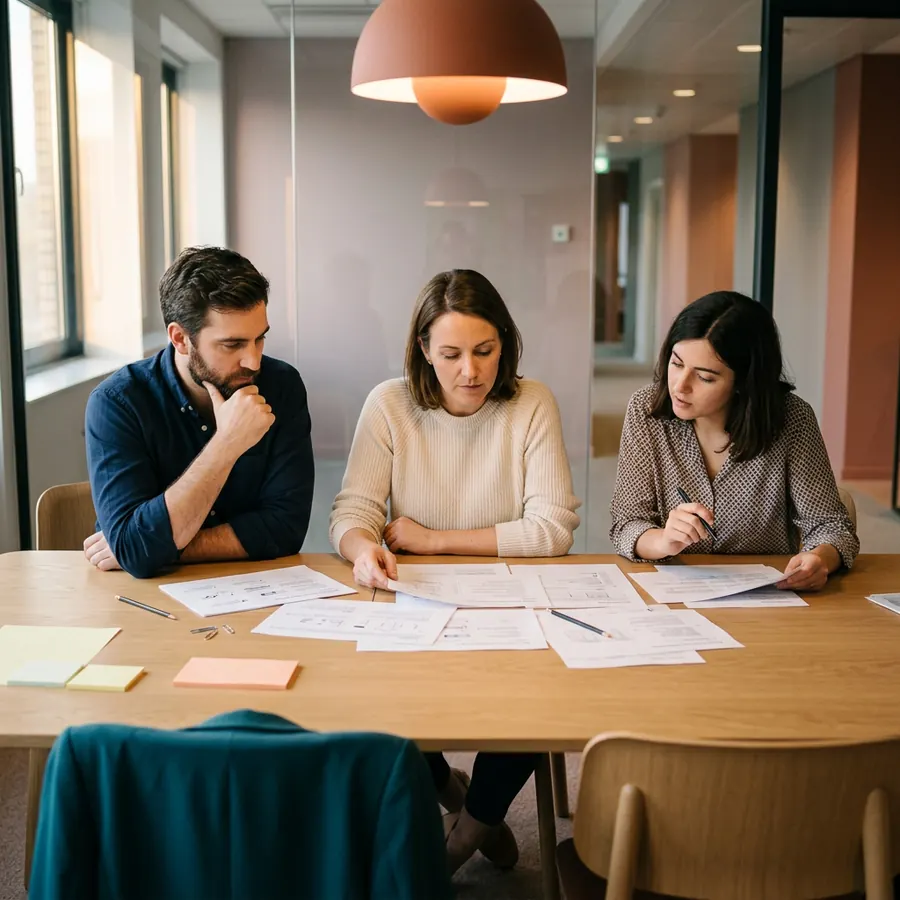 A small integration team planning a cutover weekend with printed run-book pages and sticky notes in a glass meeting room