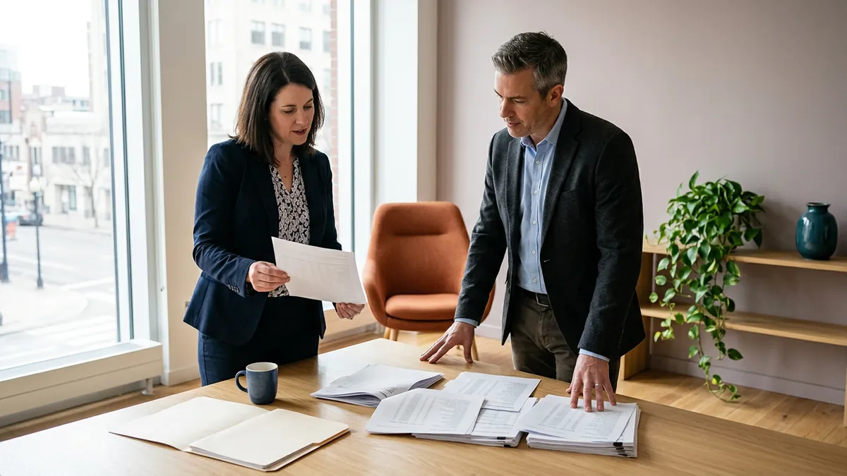 Two operations leaders reviewing a printed systems inventory across a conference table after an acquisition closes