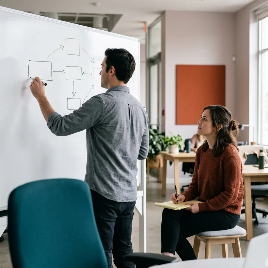 An integration lead mapping two company system stacks on a glass wall while a colleague takes notes