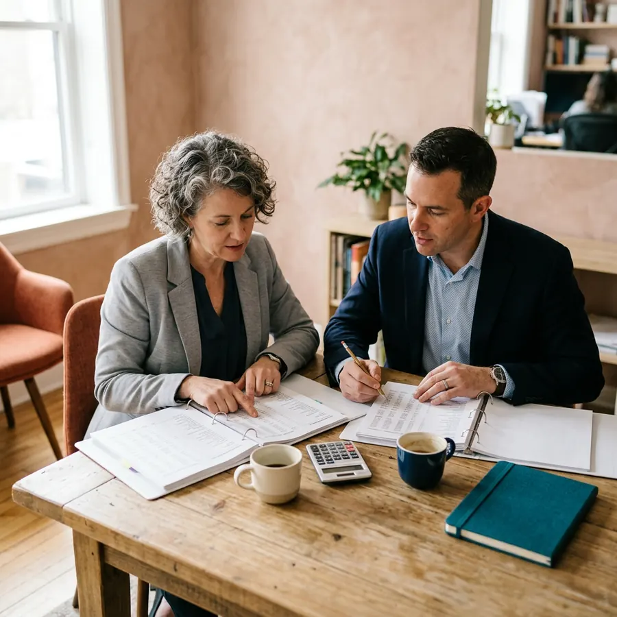 A finance controller and a systems consultant comparing two printed ledger binders during a post-acquisition close