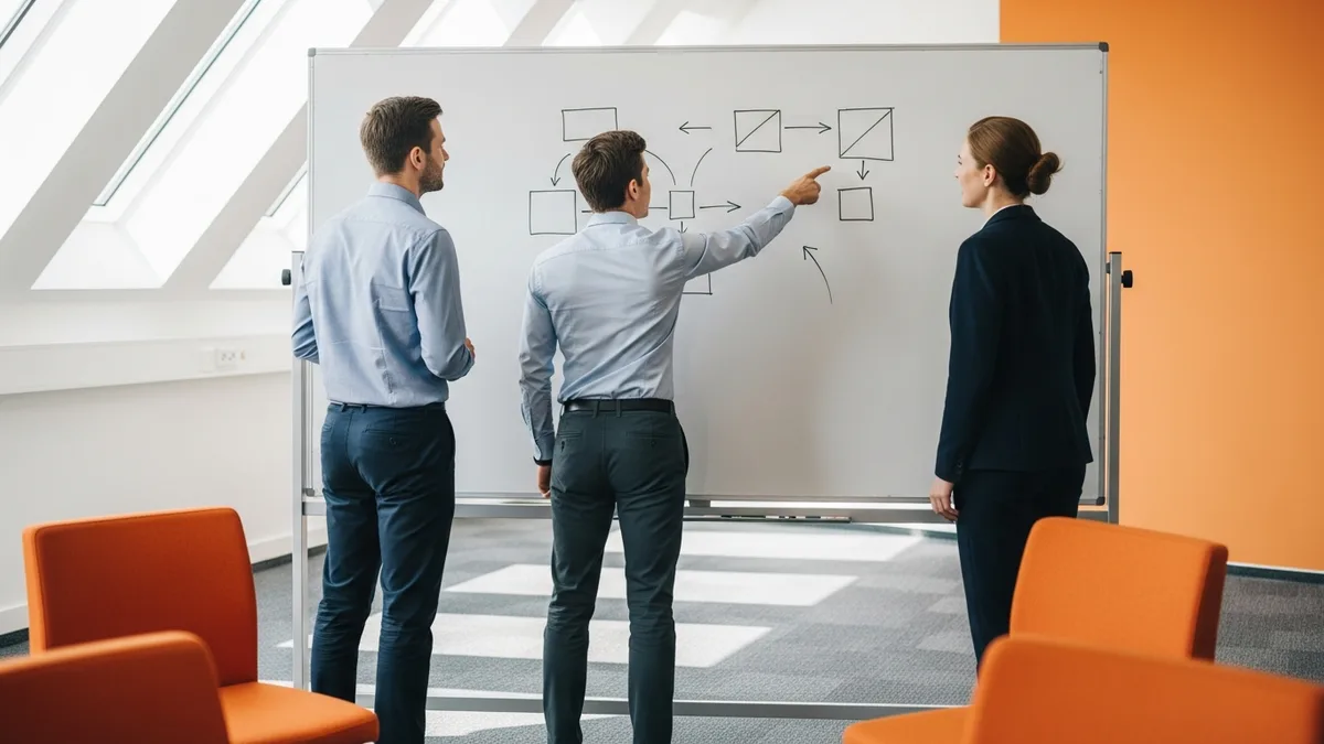 Operations team mapping a workflow redesign on a whiteboard during practical AI adoption planning