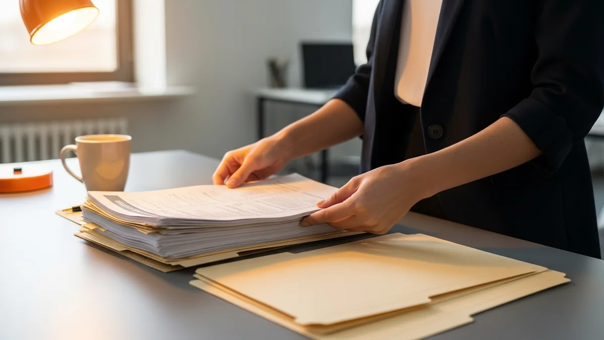 Hands sorting a stack of printed purchase orders, the manual data entry work AI document intake replaces first