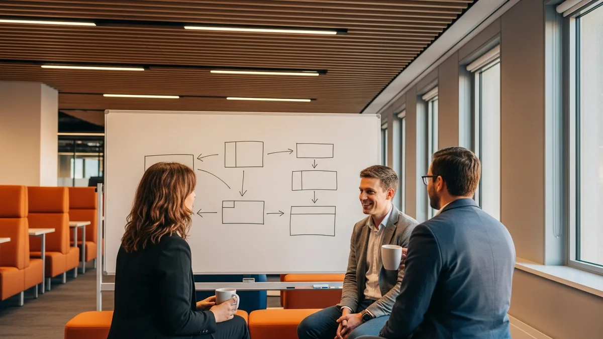 Product design team discussing design system ownership at a whiteboard