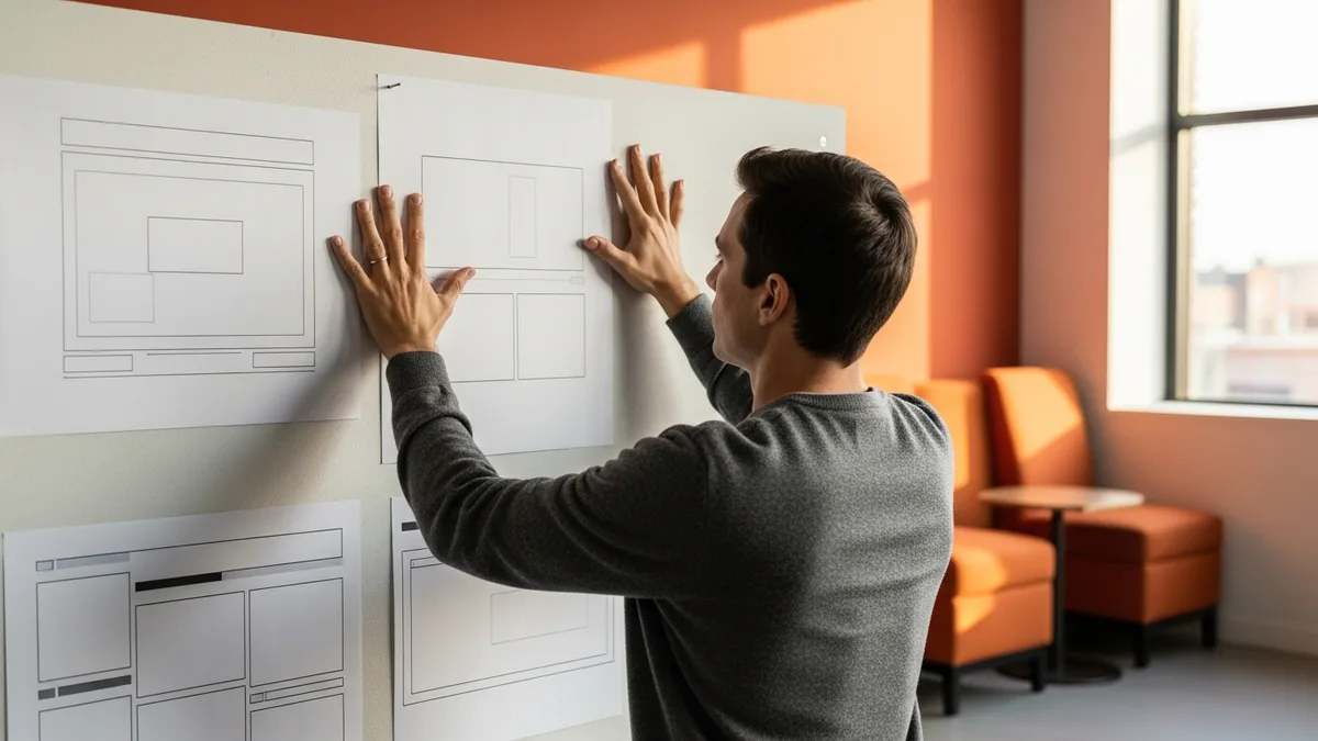 Product designer pinning a printed wireframe sketch to a design studio wall