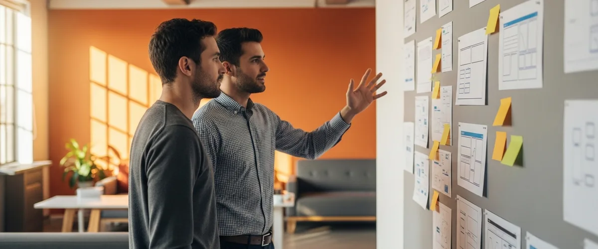 Two product designers reviewing printed interface wireframes pinned to a studio wall