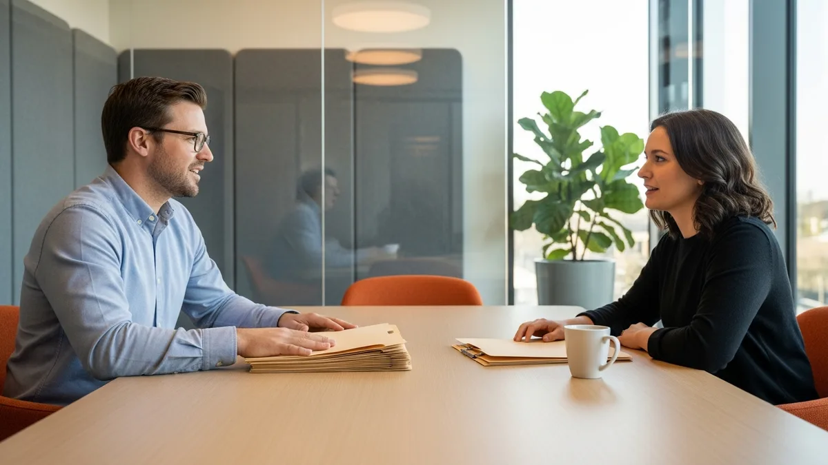 Hiring manager and design lead discussing a product designer offer across a conference table