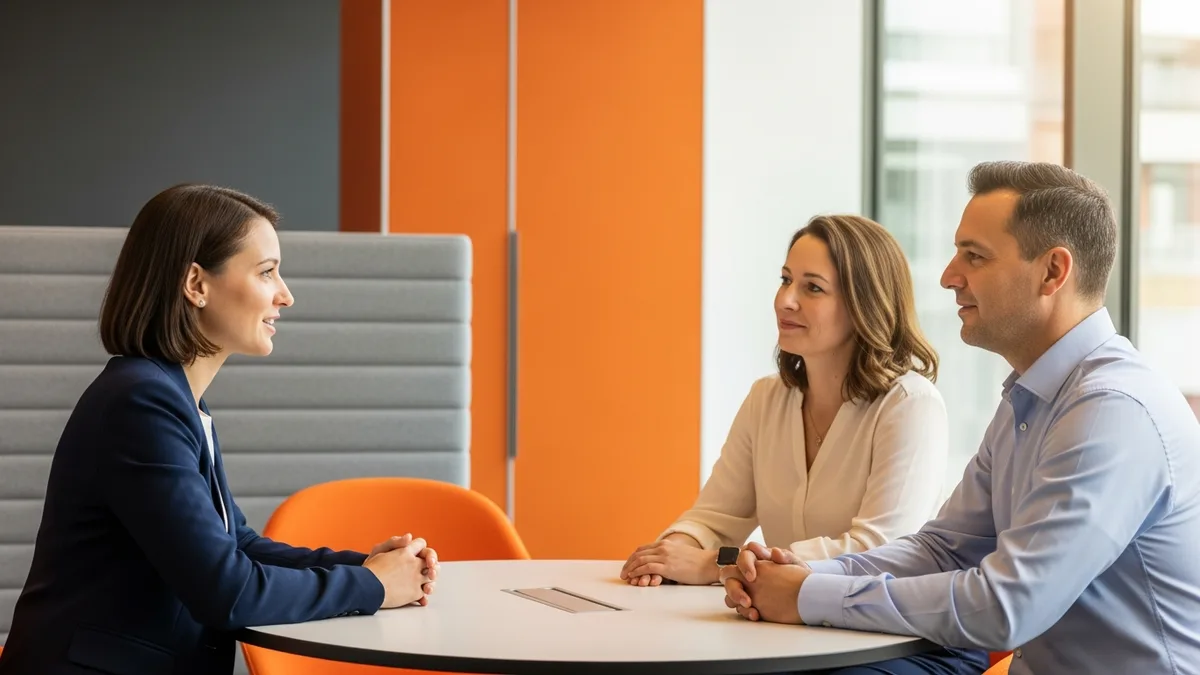 Two interviewers listening to a product manager candidate during a hiring panel interview
