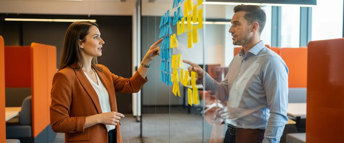 Two colleagues at a sticky note wall comparing priorities while deciding between a product manager and program manager hire